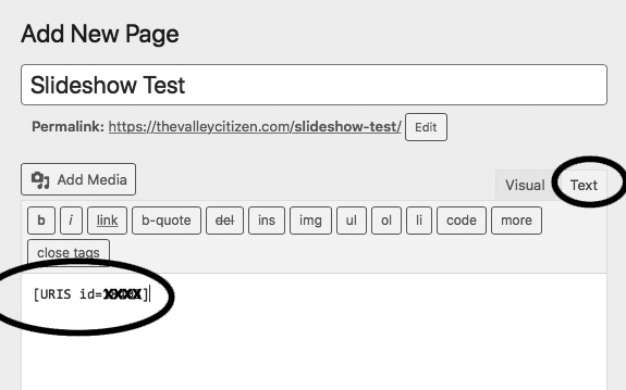 screenshot of shortcode entry